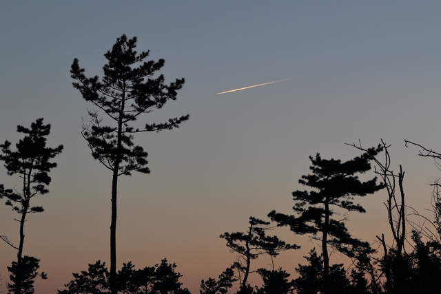 夕暮れ時の飛行機雲
