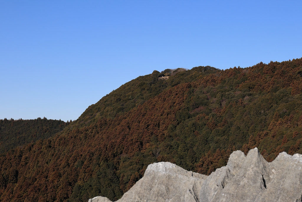 立須の岩峰から望む三岳城址